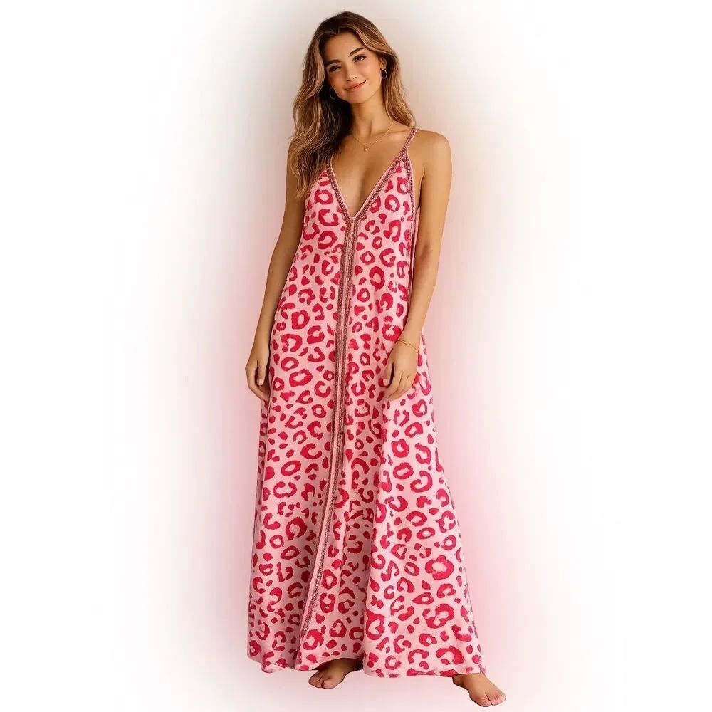 Pitusa Pink Leopard Print Maxi Dress Petite Boho Resort Beach